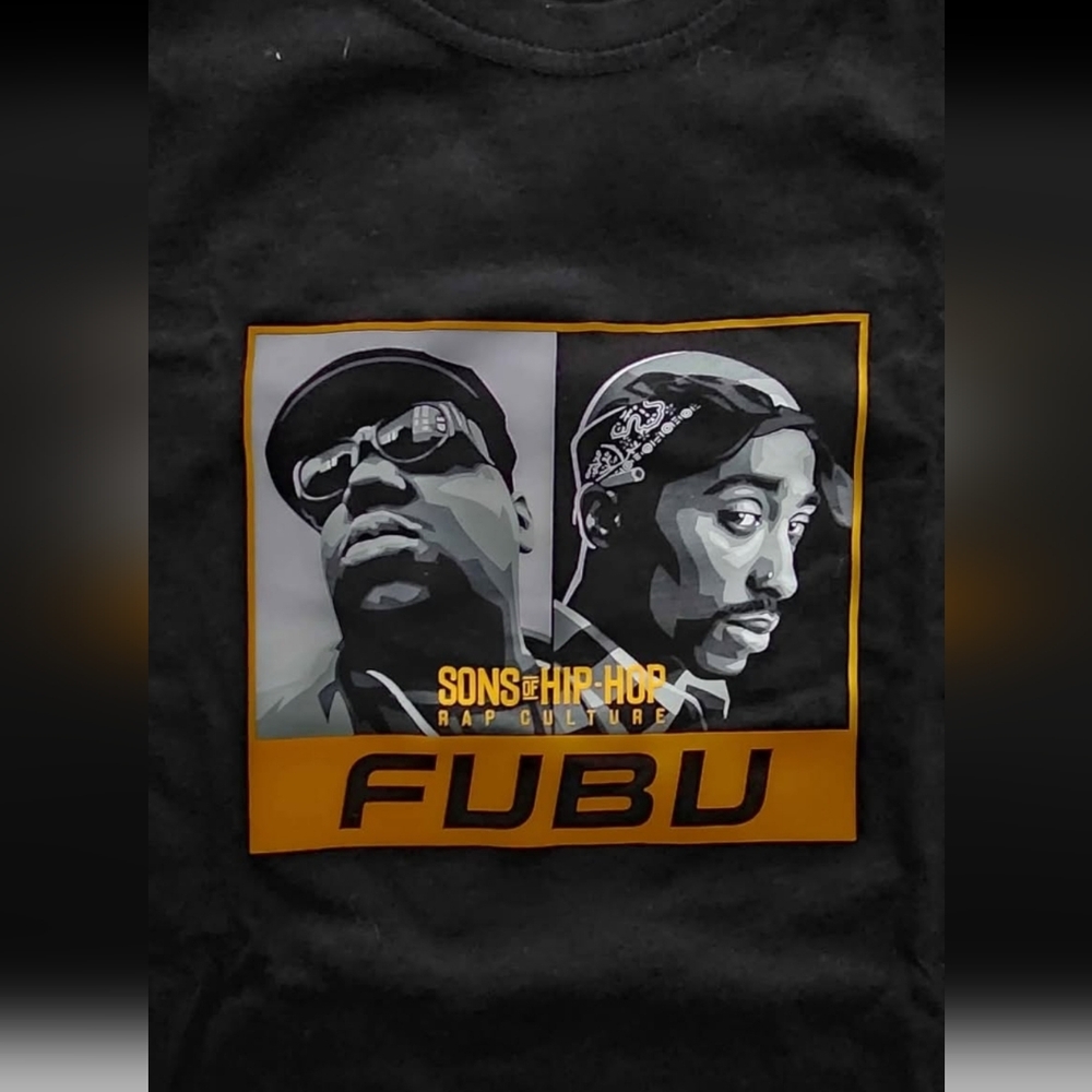 FUBU Black Tee with Orange-Accented 'Sons of Hip-Hop' Graphic